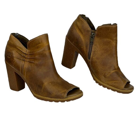Timberland Peep Toe Leather Boots Women's SZ 7.5 Heeled Booties Glance Brown Zip - Picture 5 of 7